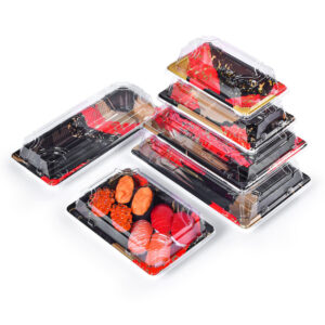 Disposable PET Sushi Takeaway Box Printed Base Clear Hinged Lid Plastic Food Container